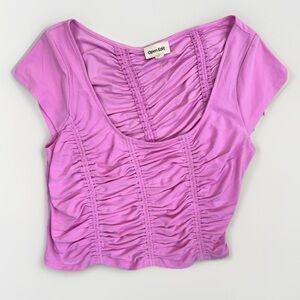 Open Edit Pink Ruched Short Sleeves Scoop Neck Stretchy Top Assymetrical Size L